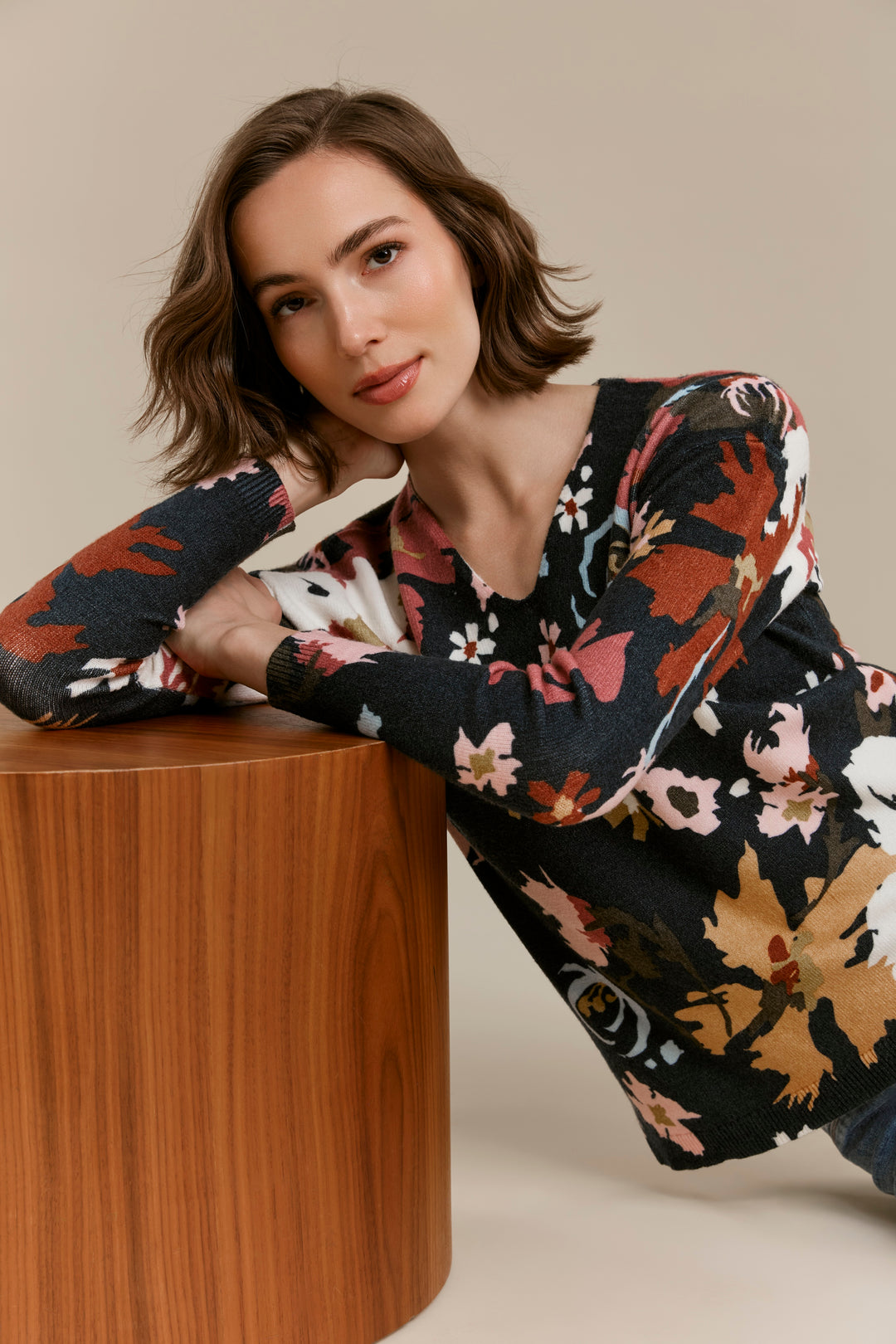 Long Sleeve Drop Shoulder Printed V-Neck Sweater