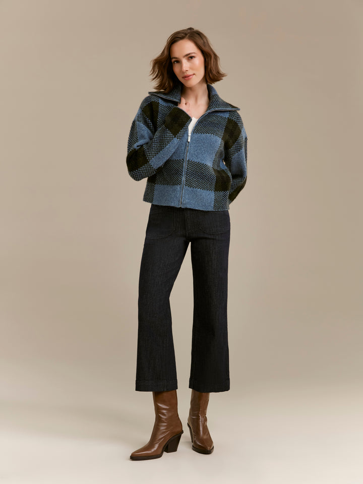 Long Sleeve Front Zip High Collar Cardigan In Plaid Sweater Jacquard