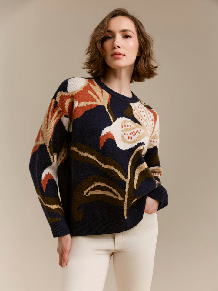 Long Sleeve Drop Shoulder Crew Neck Jacquard Sweater