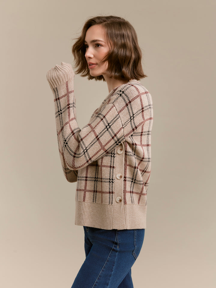 Long Sleeve Drop Shoulder Crew Neck Jacquard Sweater With Side Buttons Detail