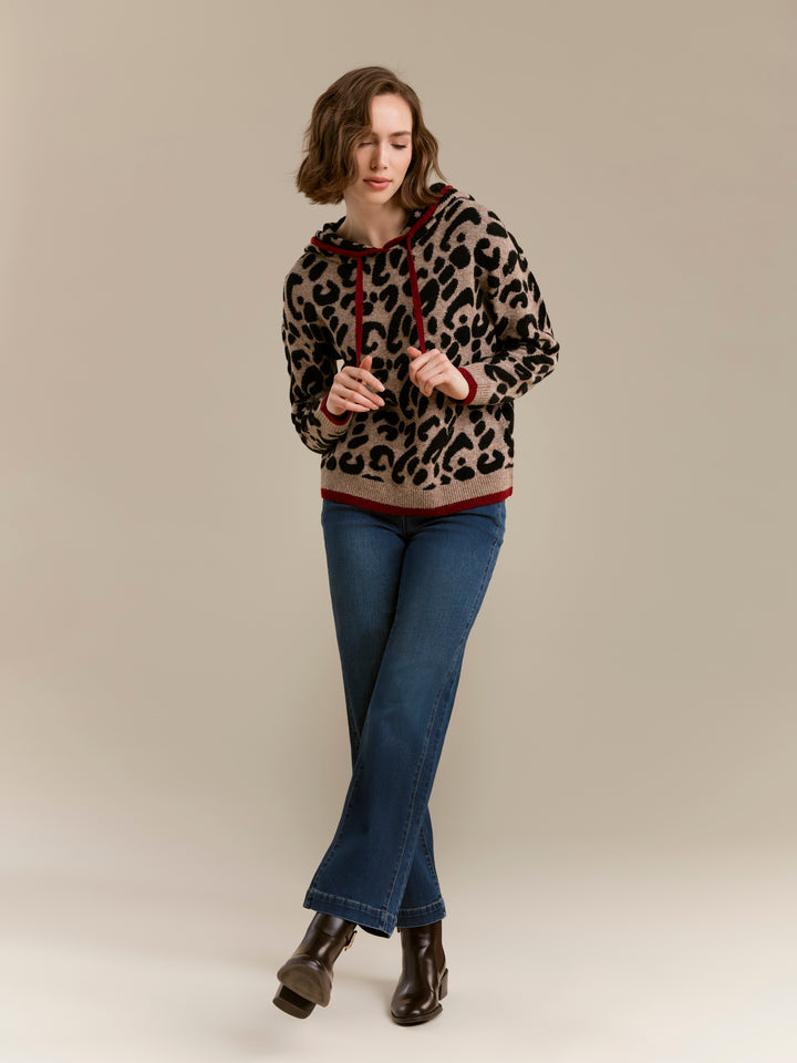 Long Sleeve Drop Shoulder Hooded Sweater In Jacquard With Contrast Trims
