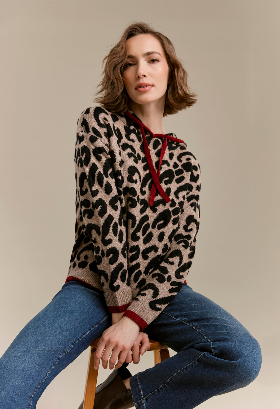 Long Sleeve Drop Shoulder Hooded Sweater In Jacquard With Contrast Trims