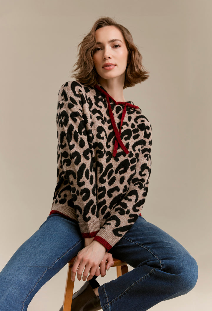 Long Sleeve Drop Shoulder Hooded Sweater In Jacquard With Contrast Trims