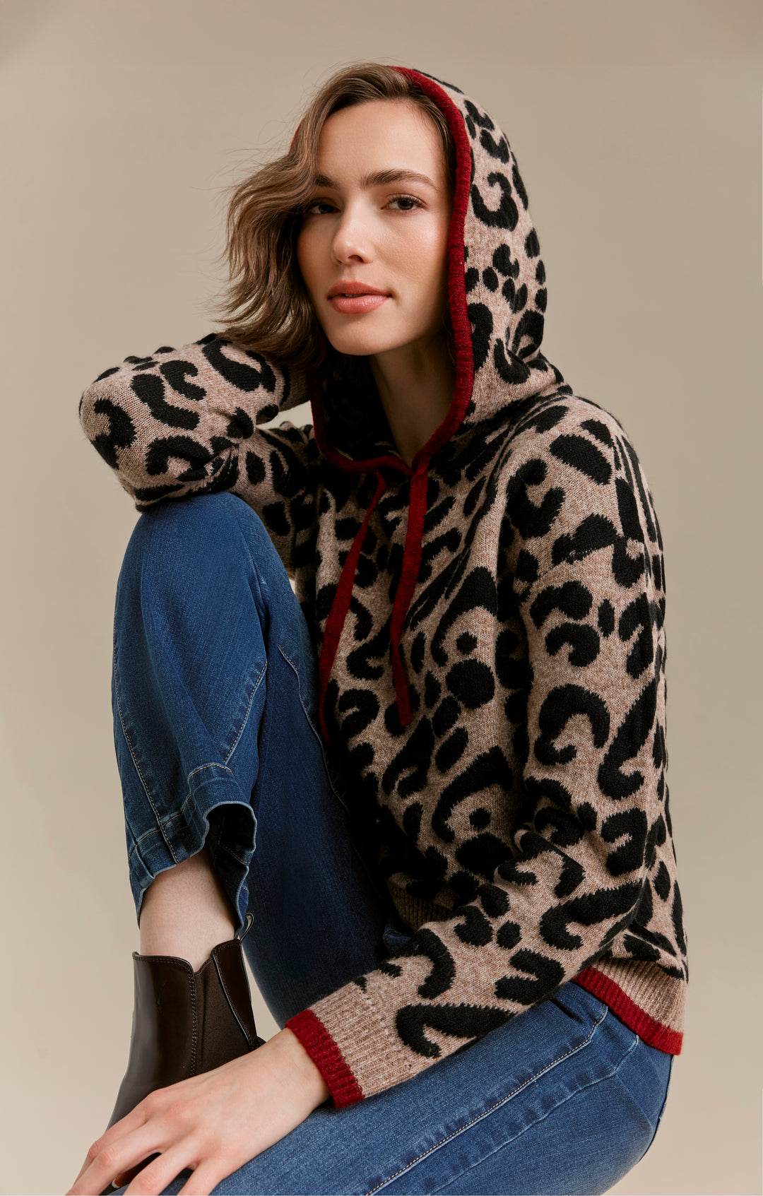 Long Sleeve Drop Shoulder Hooded Sweater In Jacquard With Contrast Trims