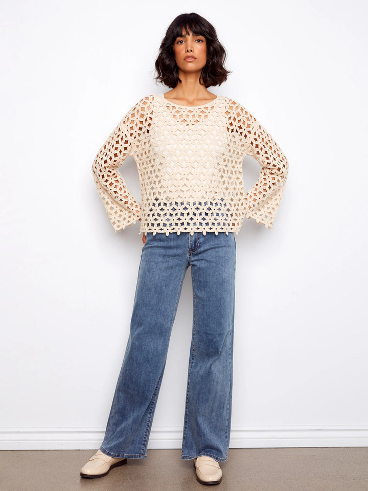 3/4 Sleeve Crochet Flower Blouse