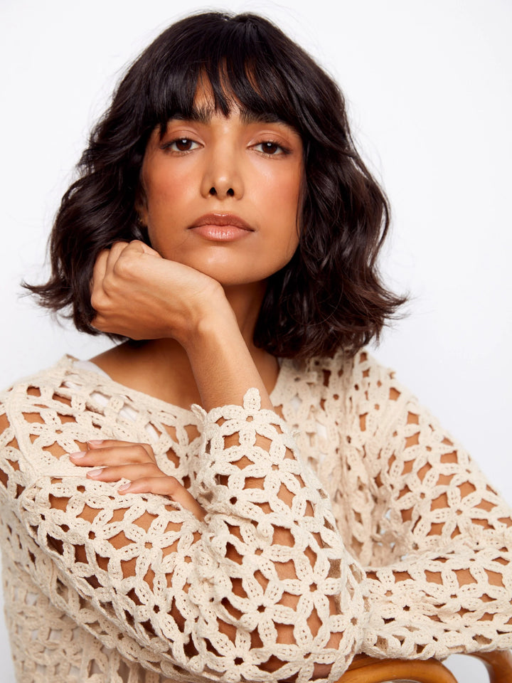 3/4 Sleeve Crochet Flower Blouse