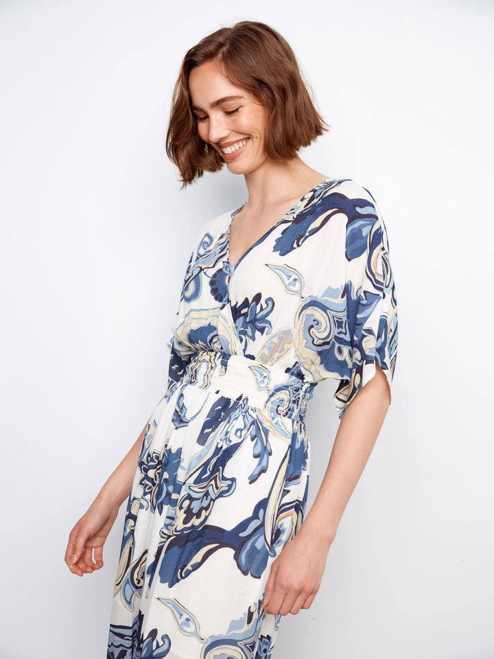 Printed Dolman Short Sleeve Maxi Fake Wrap Dress