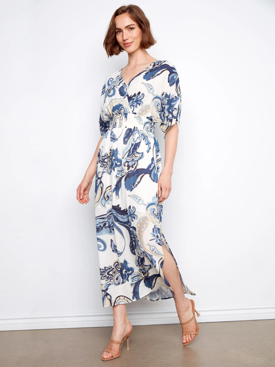 Printed Dolman Short Sleeve Maxi Fake Wrap Dress