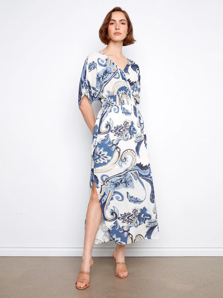 Printed Dolman Short Sleeve Maxi Fake Wrap Dress
