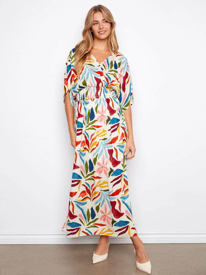 Printed Dolman Short Sleeve Maxi Fake Wrap Dress