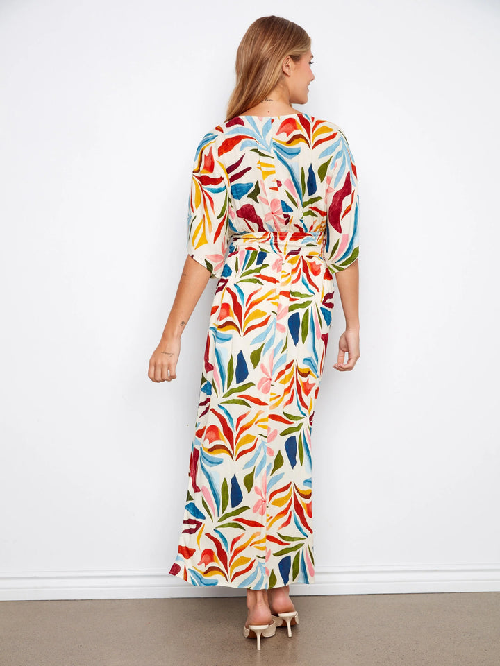 Printed Dolman Short Sleeve Maxi Fake Wrap Dress