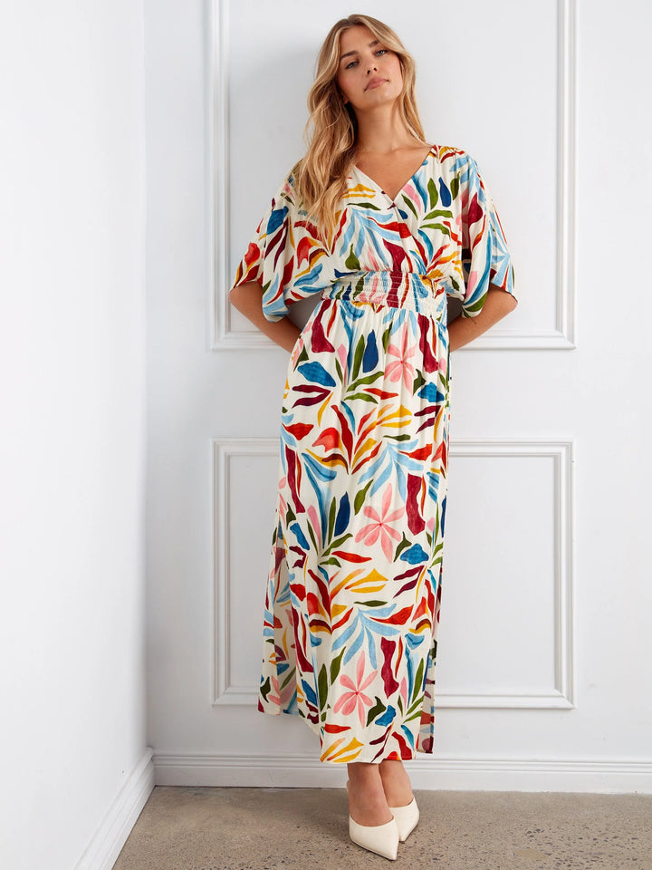 Printed Dolman Short Sleeve Maxi Fake Wrap Dress