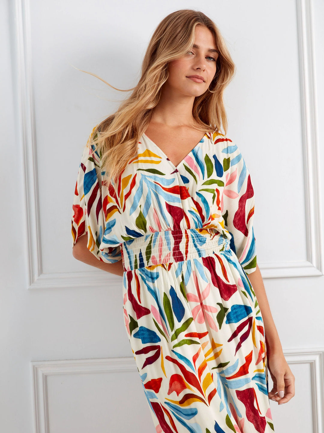 Printed Dolman Short Sleeve Maxi Fake Wrap Dress
