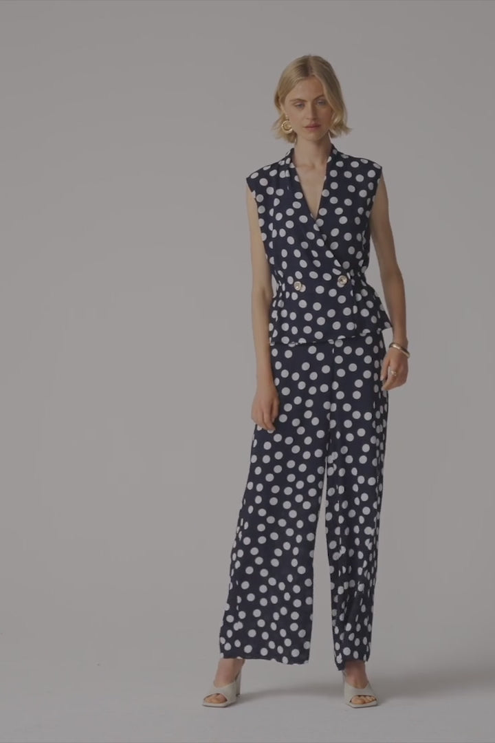Georgette Dot Print Wrap Peplum Top With Gold Buttons 261250