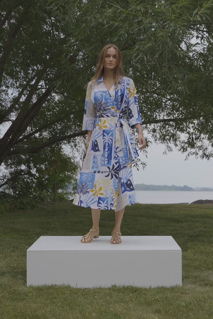 Stretch Cotton Tropical Print A-Line Wrap Dress 262225