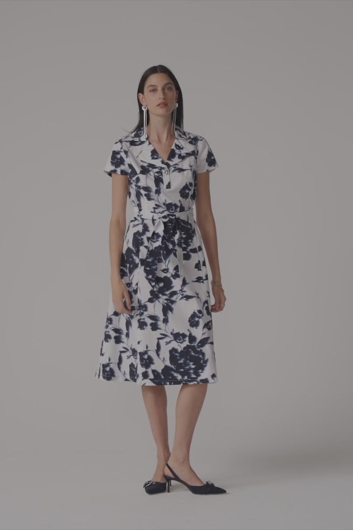 Stretch Cotton Floral Print Fit And Flare Shirt Dress 261147