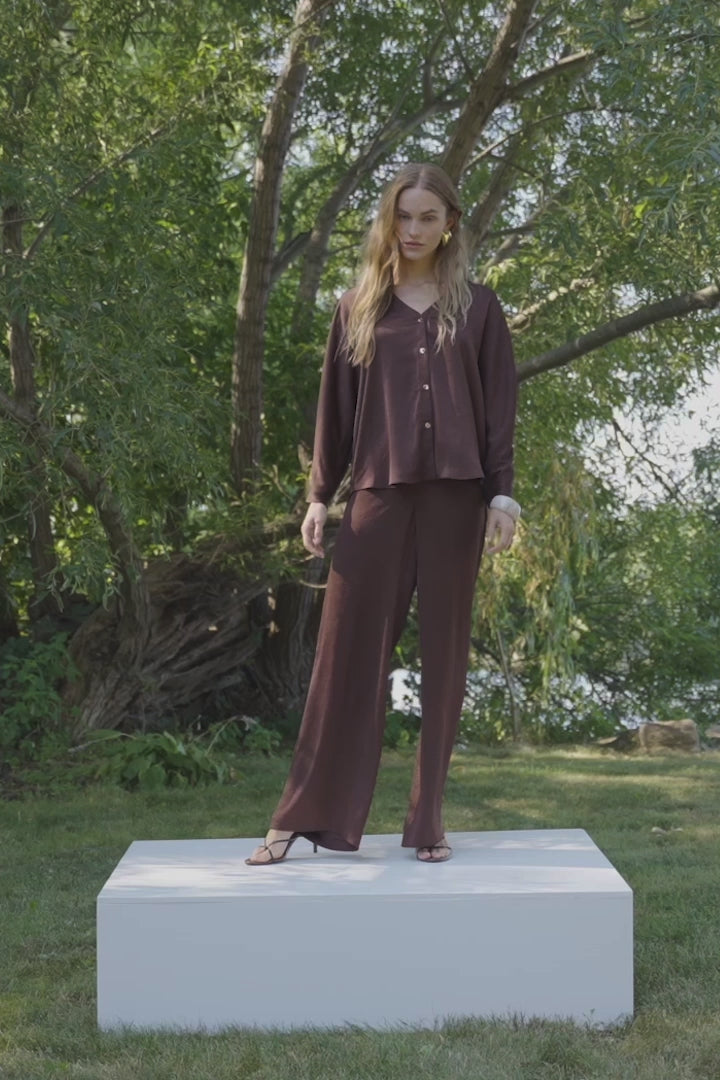 Crushed Satin Wide Leg Pull-On Pants With Drawstring 262152