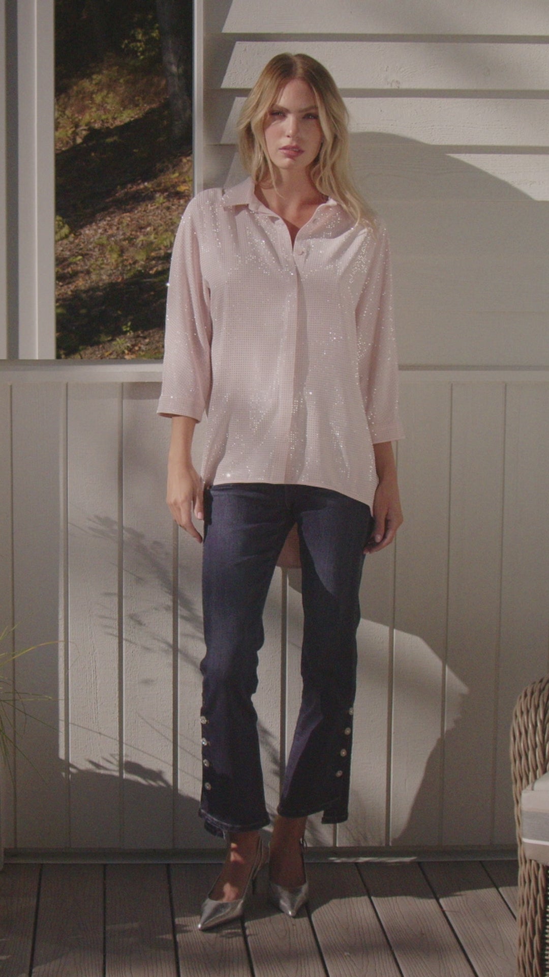 Straight Leg Jeans with Rhinestone Side Buttons 266508